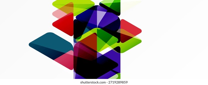 Las Formas geométricas Abstractas se superponen, creando mezclas de colores vibrantes. La composición presenta cuadrados, triángulos, rectángulos sobre fondo blanco.