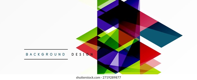 Las Formas geométricas Abstractas se superponen, creando un diseño vibrante y colorido. El espacio en blanco domina el lado izquierdo, las etiquetas de texto en la parte inferior central.