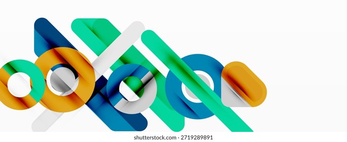 Formas geométricas abstratas se sobrepõem, criando composição colorida dinâmica. Elementos de design modernos sugerem inovação, tecnologia.