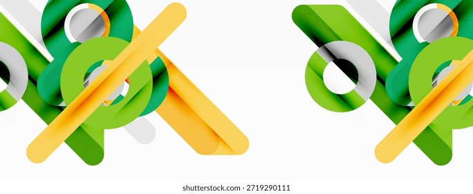 Formas geométricas abstratas se sobrepõem, criando padrões visuais dinâmicos. Tons verdes, dourados e cinzas dominam a composição. Elementos de design modernos presentes.