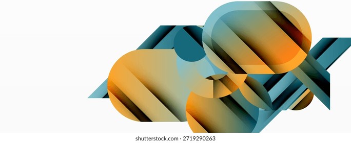 Abstract geometric shapes overlap, creating vibrant color gradients. Composition features rounded forms, sharp angles, modern design.