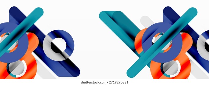 Las Formas geométricas Abstractas se superponen, creando patrones dinámicos. Los colores azul, naranja y gris dominan la composición. Diseño minimalista.