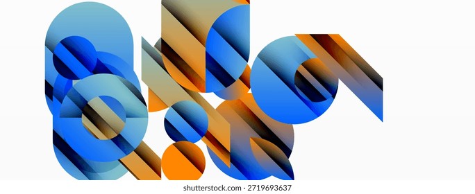Las Formas geométricas Abstractas se superponen, creando vibrantes Gradientes azules y naranjas. Diseño minimalista, estética moderna, composición limpia.