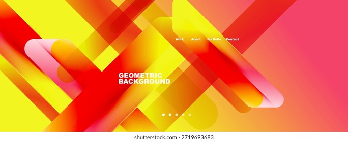 Formas geométricas abstratas se sobrepõem, criando um fundo colorido vibrante. Os elementos de texto apresentam trabalho, sobre, portfólio, contato. Pontos indicam navegação.