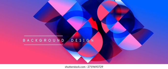 Formas geométricas abstratas se sobrepõem, criando gradientes de cores vibrantes. Tons rosa, azul, roxo dominam a composição. Elemento de design moderno.