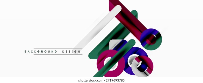 Formas geométricas abstratas se sobrepõem, criando composição dinâmica. As cores incluem roxo, verde, azul, prata. Design minimalista adequado para fundos.
