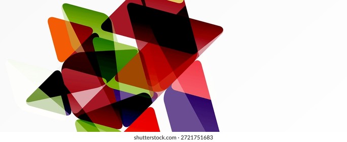 Formas geométricas abstratas se sobrepõem, criando uma composição de cores vibrantes. O espaço branco domina o fundo. Elementos de design modernos presentes.