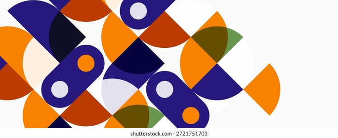 Las Formas geométricas Abstractas se superponen, creando una composición vibrante. Los tonos naranja, púrpura y verde dominan el diseño. Estética minimalista.