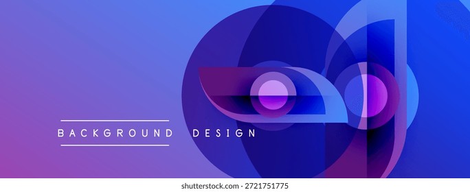 Abstract geometric shapes overlap, creating vibrant purple, blue gradients. Text reads background design below central elements. Modern visual.