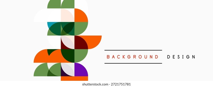 Abstract geometric shapes overlap, creating modern design. Colors include green, purple, orange, gray, white. Minimalist aesthetic.