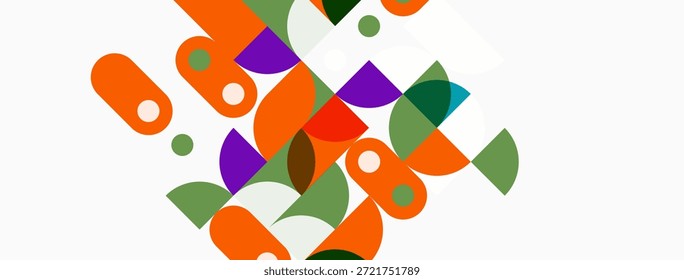 Las Formas geométricas Abstractas se superponen, creando una composición vibrante. Los tonos naranja, púrpura y verde dominan el fondo blanco. Elementos de diseño modernos presentes.