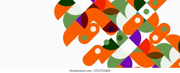 Abstract geometric shapes overlap, creating vibrant color patterns. Orange, green, purple dominate white background. Modern design.