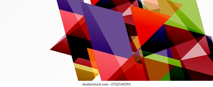 Abstract geometric shapes overlap, creating vibrant colorful composition. Bold angles, dynamic design, modern aesthetic.