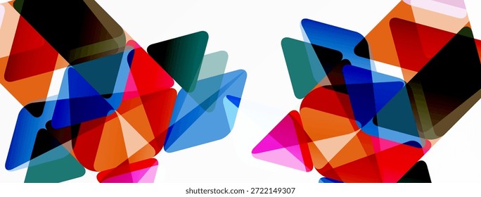 Las Formas geométricas Abstractas se superponen, creando mezclas de colores vibrantes. La composición se siente dinámica, moderna, enérgica. El fondo blanco enfatiza las formas.