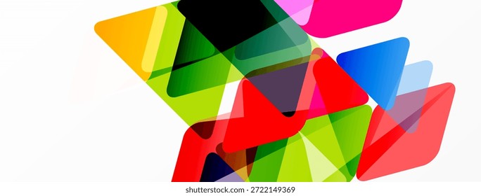 Las Formas geométricas Abstractas se superponen, creando una composición vibrante y colorida. Los triángulos transparentes dominan el diseño, ofreciendo una estética moderna.