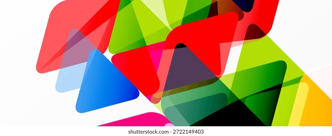 Formas geométricas abstratas se sobrepõem, criando misturas de cores vibrantes. Triângulos brilhantes dominam a composição, oferecendo estética moderna.