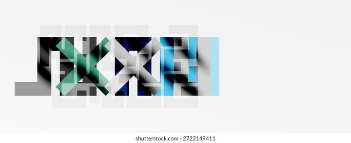 Las Formas geométricas Abstractas se superponen, creando patrones complejos. Blues, los grises dominan la composición. Diseño minimalista, estética moderna.