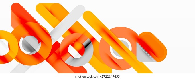 Las Formas geométricas Abstractas se superponen, creando composiciones dinámicas. Los tonos naranjas y grises dominan el diseño. Estética moderna.