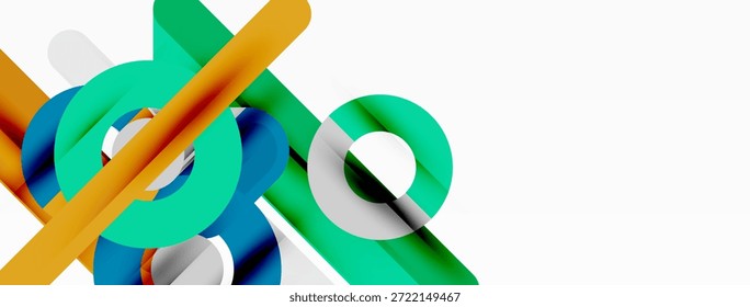 Las Formas geométricas Abstractas se superponen, creando composiciones dinámicas. Los colores brillantes contrastan con el fondo blanco. Elementos de diseño modernos presentes.