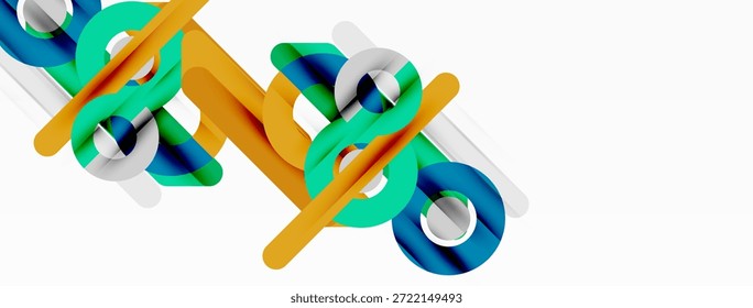 Las Formas geométricas Abstractas se superponen, creando composiciones dinámicas. Los Colores incluyen naranja, verde azulado, plateado. Diseño minimalista, estética moderna.