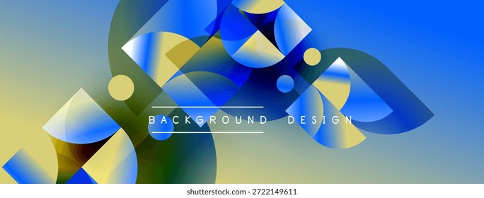 Las Formas geométricas Abstractas se superponen, creando vibrantes Gradientes azules, amarillos y verdes. El fondo presenta sutiles tonos grises, Elementos de diseño modernos.