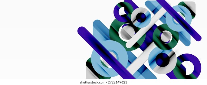 Las Formas geométricas Abstractas se superponen, creando una composición visual dinámica. Los tonos azules, verdes y blancos dominan el diseño. Estética minimalista.