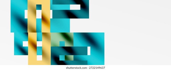Las Formas geométricas Abstractas se superponen, creando una textura visual dinámica. Los Colores incluyen verde azulado, dorado, gris y blanco. Diseño minimalista.