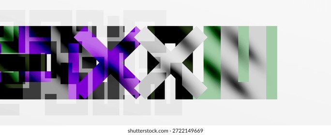 Abstract geometric shapes overlap, creating colorful visual texture. Greens, purples, blacks dominate composition. Minimalist design.