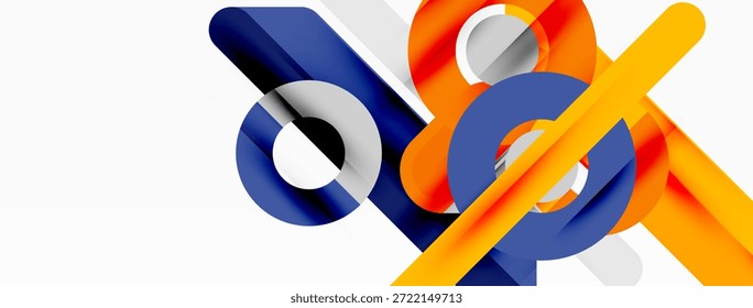 Las Formas geométricas Abstractas se superponen, creando composiciones dinámicas. Los tonos azules, naranjas y grises dominan el diseño. Estética moderna.