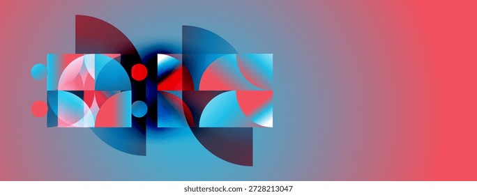 Formas geométricas abstratas se sobrepõem, criando composição dinâmica. Tons vermelhos e azuis dominam o fundo gradiente. Elementos de design modernos presentes.