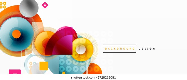 Las Formas geométricas Abstractas se superponen, creando un diseño vibrante y colorido. El fondo blanco proporciona contraste limpio, estética moderna.