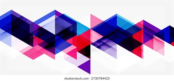 Las Formas geométricas Abstractas se superponen, creando un patrón colorido vibrante. Los triángulos dominan la composición, sugiriendo movimiento, profundidad.
