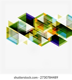 Las Formas geométricas Abstractas se superponen creando un diseño vibrante y colorido. Los triángulos dominan la composición con transparencia en capas. Estética moderna.