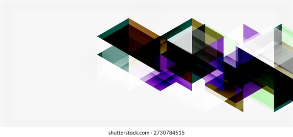 Abstrakte geometrische Formen überlappen sich und erzeugen dynamische Komposition. Lila, schwarz, grüne Farbtöne dominieren den weißen Hintergrund. Modernes Design.