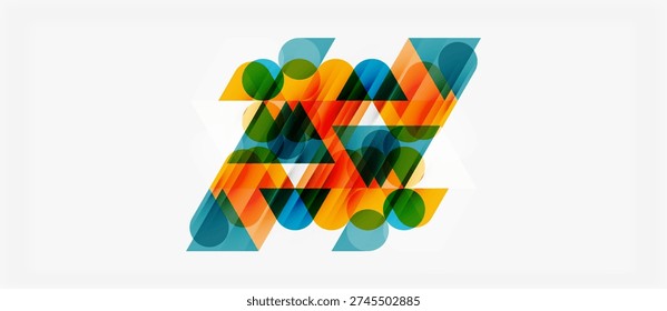 Abstract geometric shapes overlap, creating vibrant colorful composition. Circles, triangles, squares blend seamlessly. Modern design element.