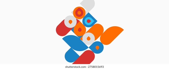Abstract geometric shapes overlap, creating dynamic composition. Bright colorsorange, blue, reddominate white background. Modern design.