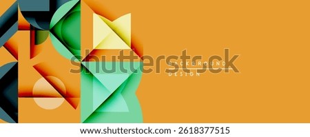 Abstract geometric shapes overlap, creating vibrant color gradients. Orange background provides contrast, modern design aesthetic.