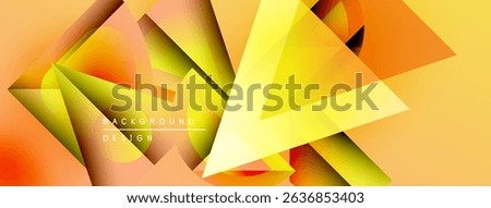 Abstract geometric shapes overlap, creating vibrant orange, yellow gradients. Design features sharp angles, dynamic composition. Modern background texture.