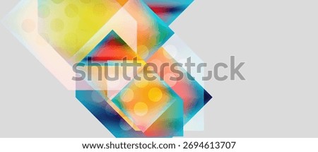 Abstract geometric shapes overlap, creating vibrant color blends. Circles, squares, triangles form dynamic composition. Light, shadow interplay.