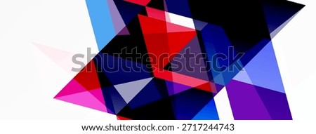 Abstract geometric shapes overlap, creating vibrant color contrasts. Composition features sharp angles, dynamic forms, modern aesthetic.