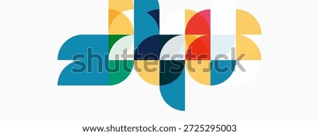 Abstract geometric shapes overlap, creating colorful patterns. Design features circles, curves, plus vibrant hues. Simple background.