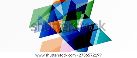 Abstract geometric shapes overlap, creating dynamic composition. Colors include blue, green, orange, plus translucent layers. Minimalist design.
