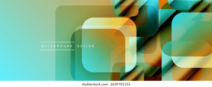 Abstract geometric shapes overlap. Gradient colors create modern design. Turquoise, orange, yellow hues dominate composition. Minimal text present.