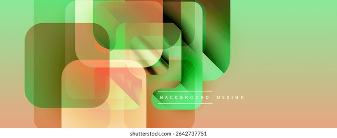 Abstract geometric shapes overlap. Green, orange hues create modern background design. Minimalist style, smooth gradients present.