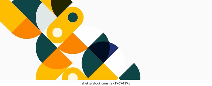 Formas geométricas abstratas se sobrepõem. Laranja, azul-petróleo, branco dominam a composição. Design moderno, linhas limpas apresentam harmonia visual.