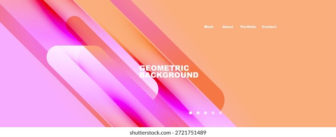 Las Formas geométricas Abstractas se superponen al fondo naranja. El texto muestra trabajo, información, Cartera, contacto. Los puntos indican más diapositivas o secciones.
