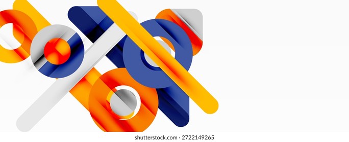 Abstract geometric shapes overlap. Orange, blue, gray colors create dynamic composition. Minimalist design, modern aesthetic.