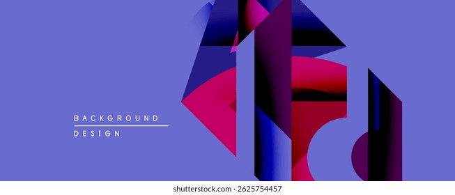 Abstract geometric shapes overlap purple background. Modern design elements create dynamic visual texture. Minimalist aesthetic.