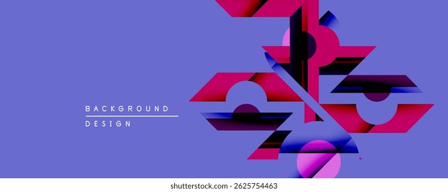 Abstract geometric shapes overlap purple backdrop. Vivid pink, blue hues create dynamic visual texture. Modern design element.
