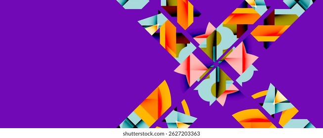 Abstract geometric shapes overlap purple background. Vivid colors create dynamic visual texture, modern design element.